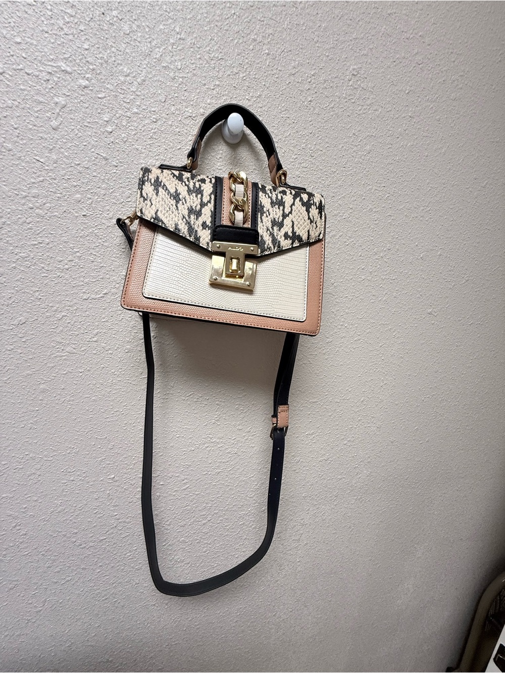 Aldo Neutral Snake-Print Top Handle Crossbody in Cream, Black & Tan